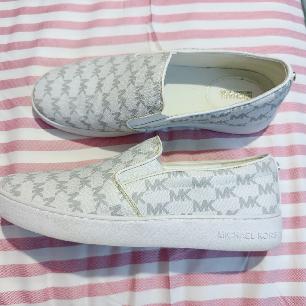 Michael Kors Gray and White Logo Slip-Ons